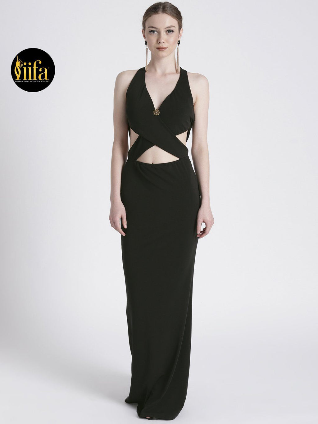 BLACK FULL LENGTH GOWN WITH CUT-OUT DETAIL