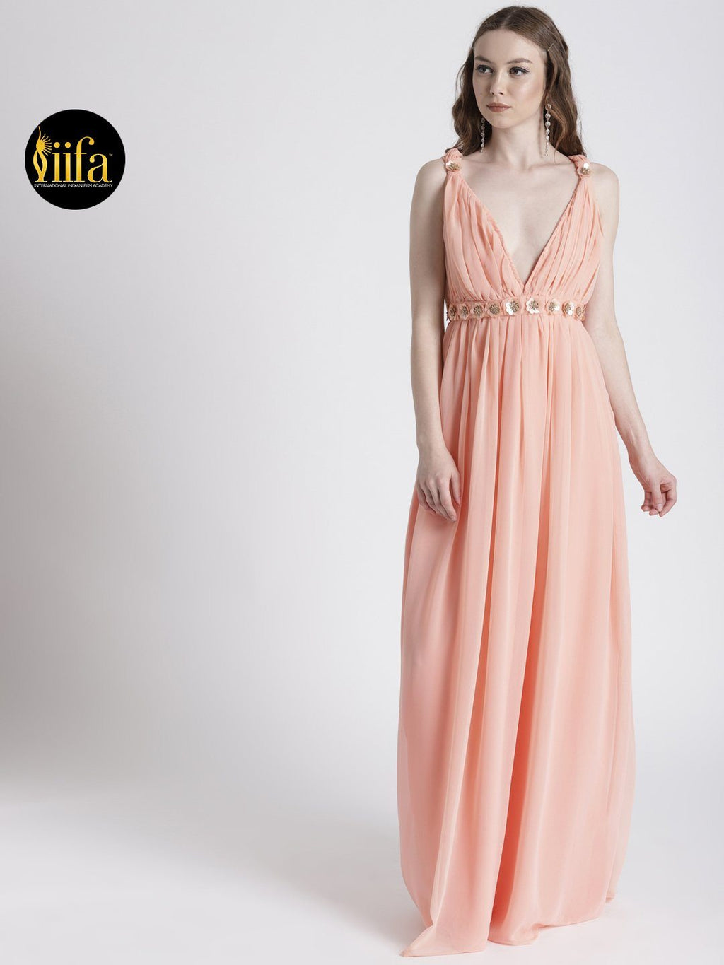 PEACH V-NECKLINE GOWN WITH BROOCH DETAIL