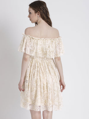 CREAM OFF SHOULDER DRESS IN LACE
