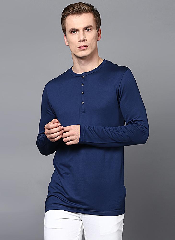 Dark Blue Full Sleeve Henley Collar T-Shirt – Benoit