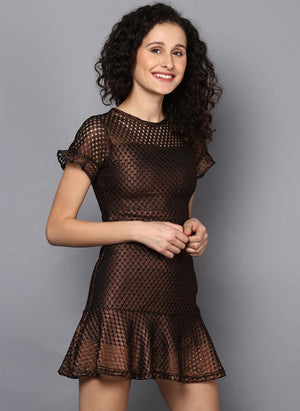 Bronze Mesh Dress with Frill Detail