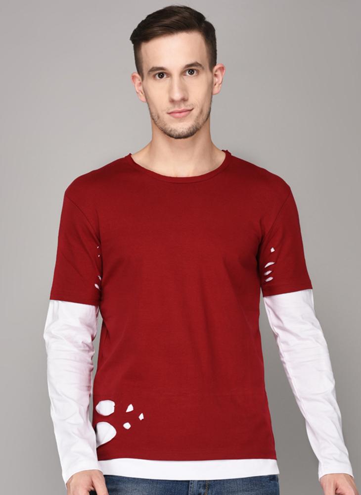 Red Distressed T-shirt with White Full Sleeve Lining