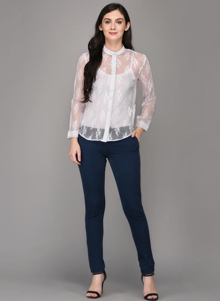 White Lace Shirt with Concealed Button Placket – Benoit