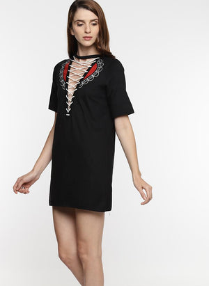 Black Shift Dress with Front Print & Tie-Up Detail