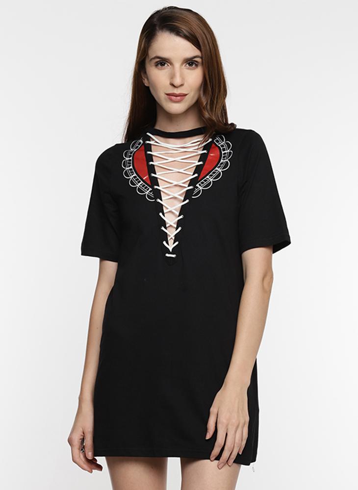 Black Shift Dress with Front Print & Tie-Up Detail