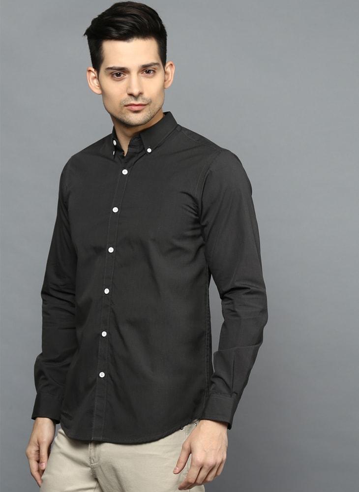 Charcoal Black Button Down Regular Fit Shirt - Main Image