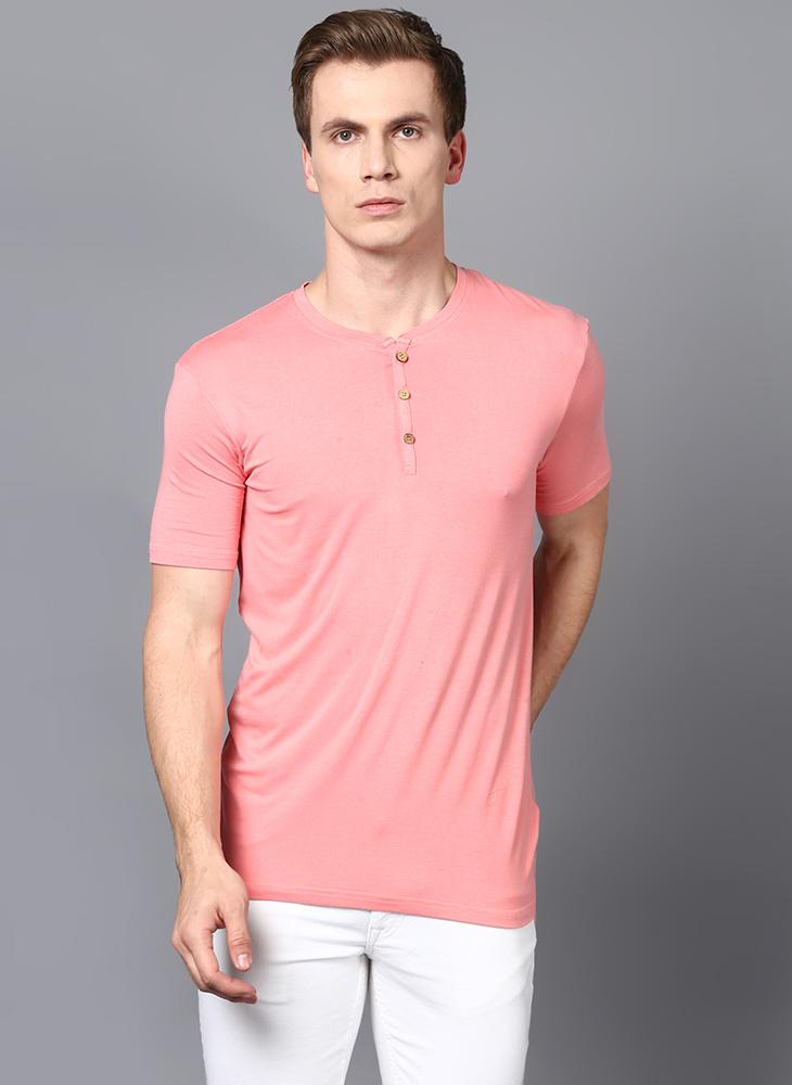 Light Pink Half Sleeve Henley Collar T Shirt Benoit