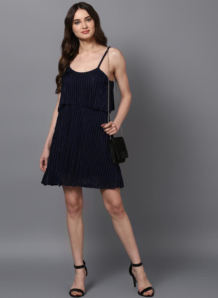 Navy Shift Dress in Pleated Shimmer Fabric