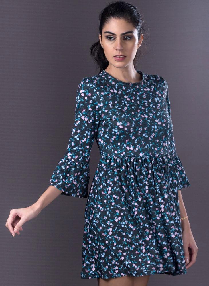Floral Printed Dress with Gathered Waistline