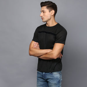 Body Fit Crew Neck T-Shirt with Checkered Velvet Detail