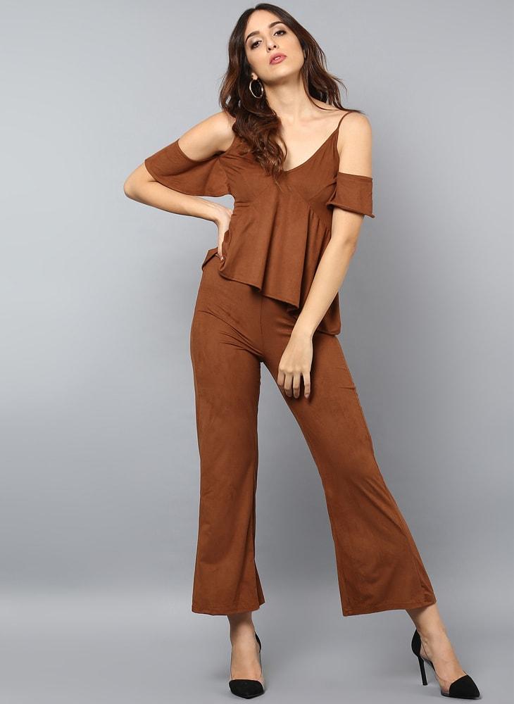 Faux Suede Jumpsuit with Front Frill Detail