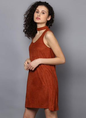 Brown Suede A-line Dress with Choker Neckline Benoit Brown Suede A-line Dress with Choker Neckline Benoit
