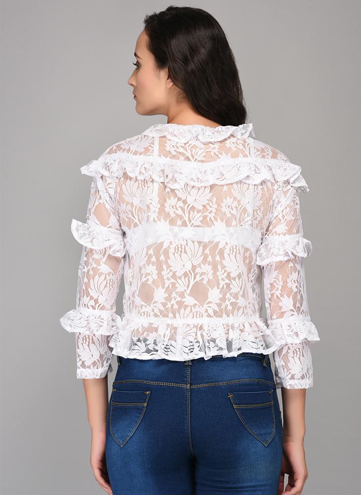 White Lace Top with added Ruffle & Front Zipper