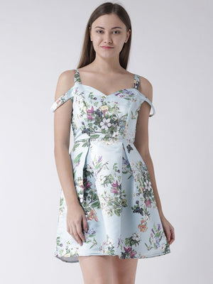 Pastel Blue Cold Shoulder Floral Printed Dress