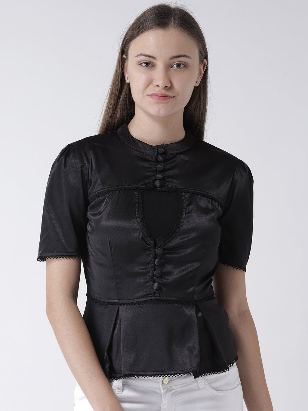 BLACK SATIN BLOUSE WITH LACE AND BUTTON DETAIL