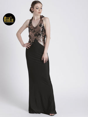 BLACK & GOLD GOWN WITH TORSO SHIMMER DETAIL