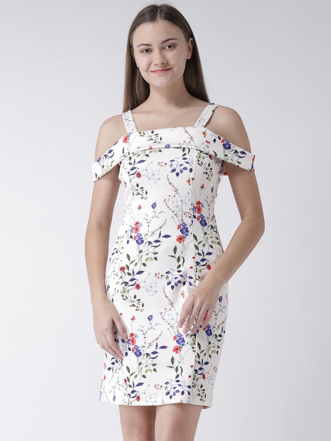 White Cold Shoulder Printed Dress in Scuba Benoit