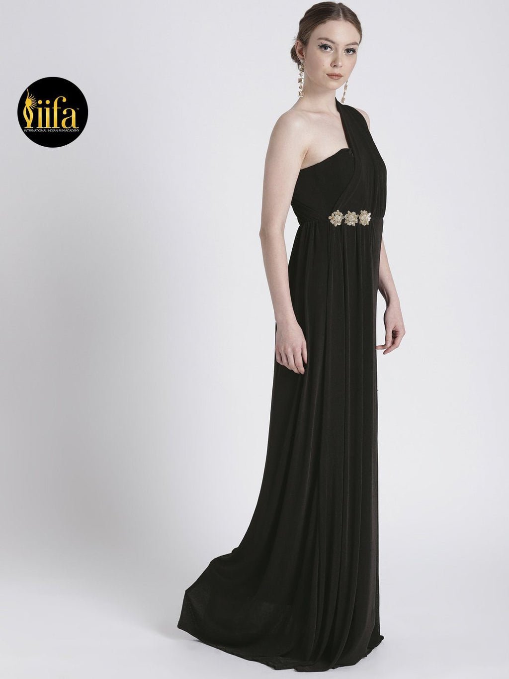 BLACK ONE SHOULDER GOWN WITH WAIST EMBELLISHMENT