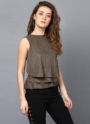 Olive Green Suede Frill Front Panel Top