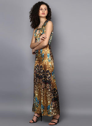 Satin Printed Full Length Dress with Front Slit