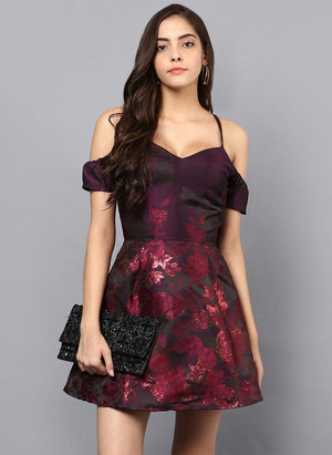 Cold Shoulder Floral Brocade Dress