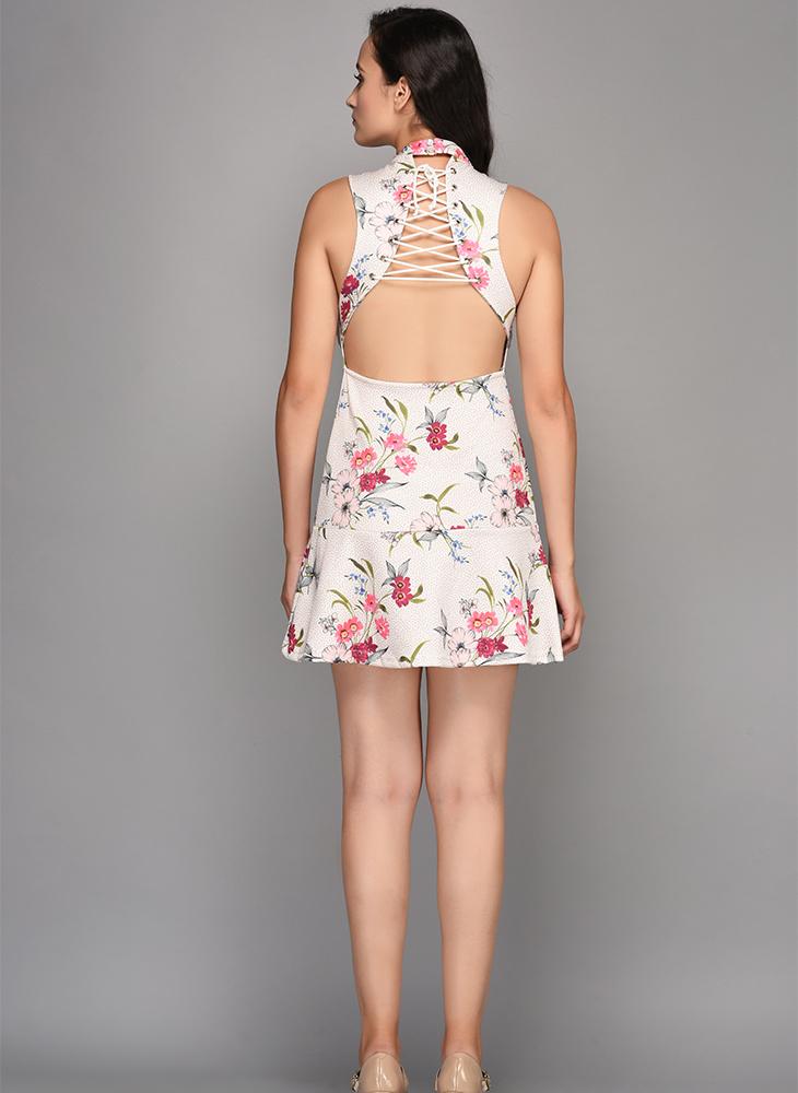 Printed Scuba Dress with Back Tie-Up detail
