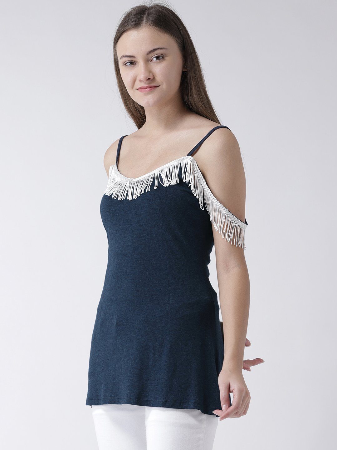 Navy Blue Cami Top with Fringed Neckline detail