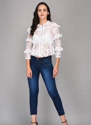 White Lace Top with added Ruffle & Front Zipper