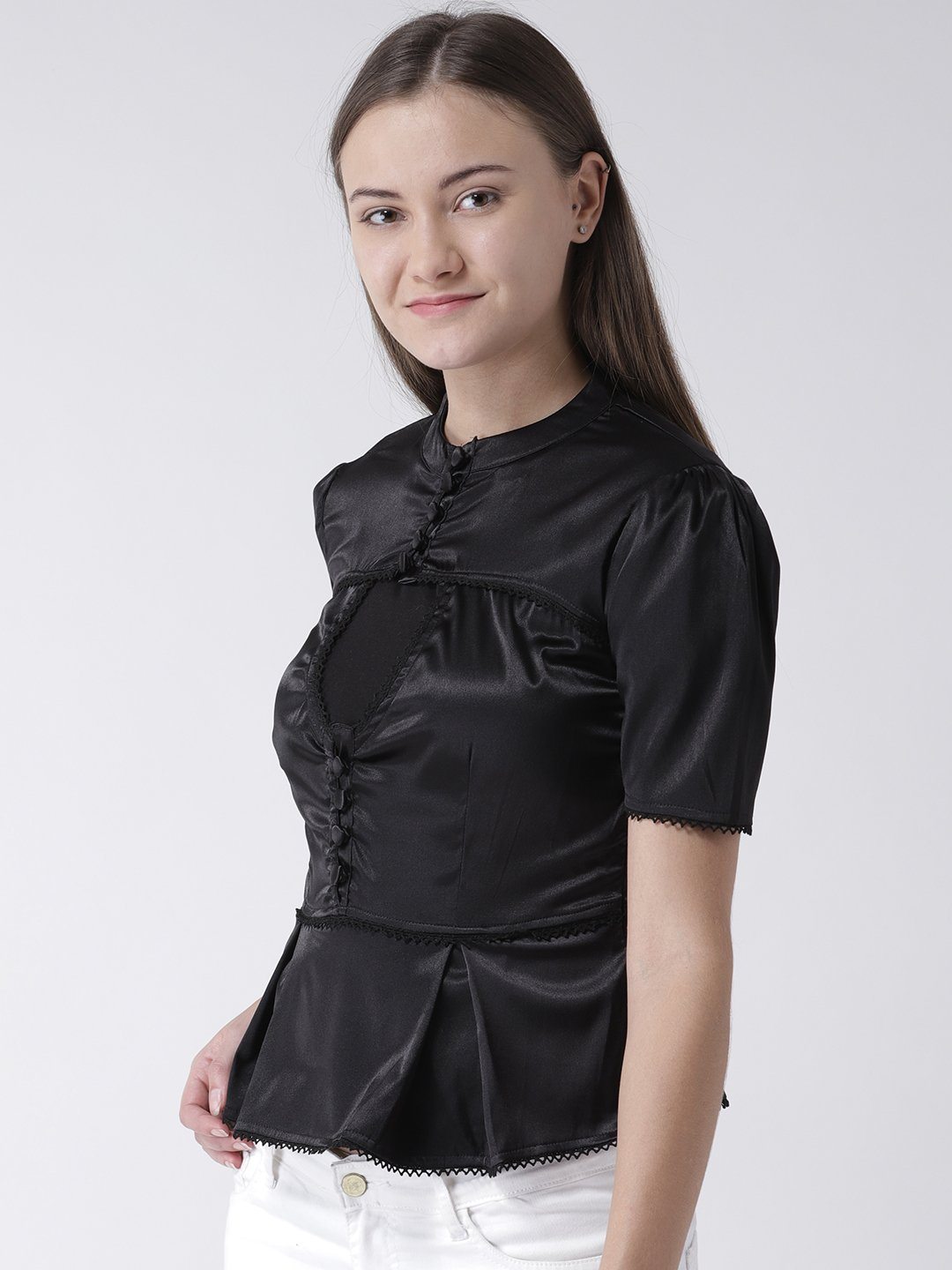 BLACK SATIN BLOUSE WITH LACE AND BUTTON DETAIL