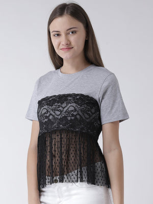 GREY BASIC TOP WITH LACE INSERT