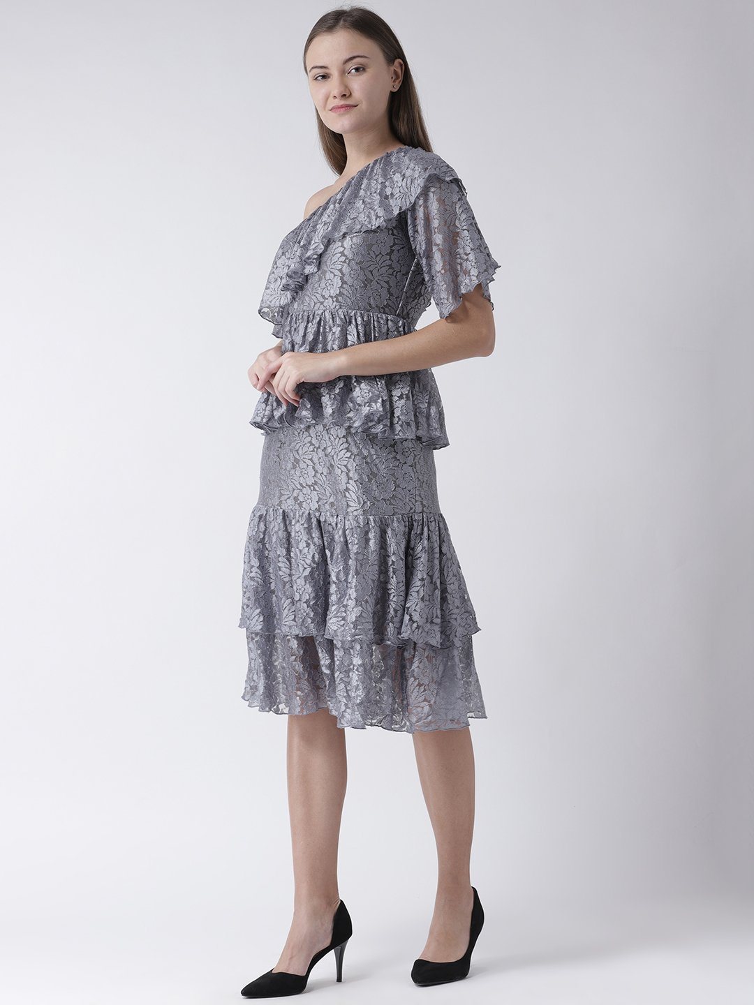 Grey Lace Dress with Added Flare & Ruffle