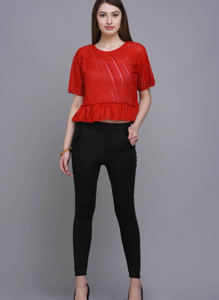 Red Shimmer Crop Top with Ruffle hem