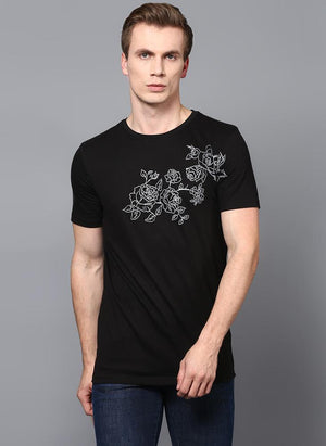 Black Crew Neck T-Shirt with Front Floral Print
