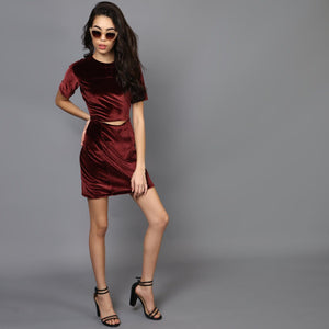 Maroon Velvet Dress with Mid-riff cut out & Stitch Detail
