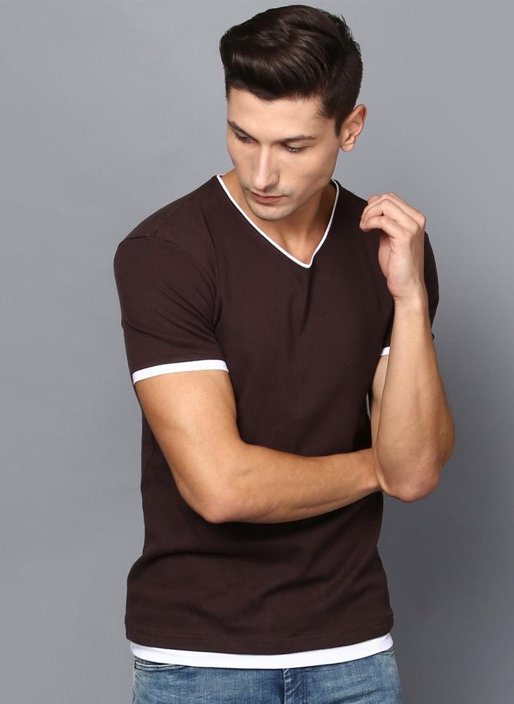 Basic Brown V-Neck T-shirt with Contrast Lining