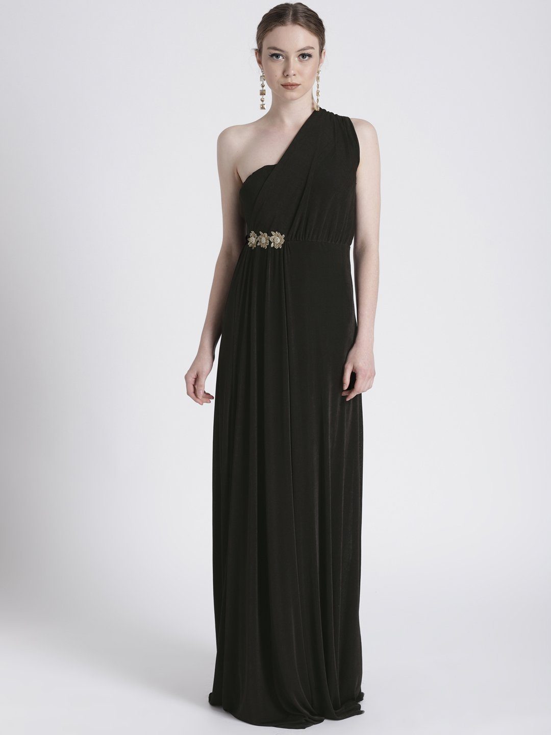 BLACK ONE SHOULDER GOWN WITH WAIST EMBELLISHMENT