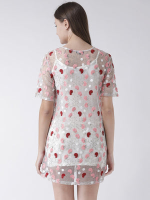 Sheer Shift Dress with Floral Embroidery