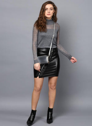 Frill Front Black Faux Leather Skirt