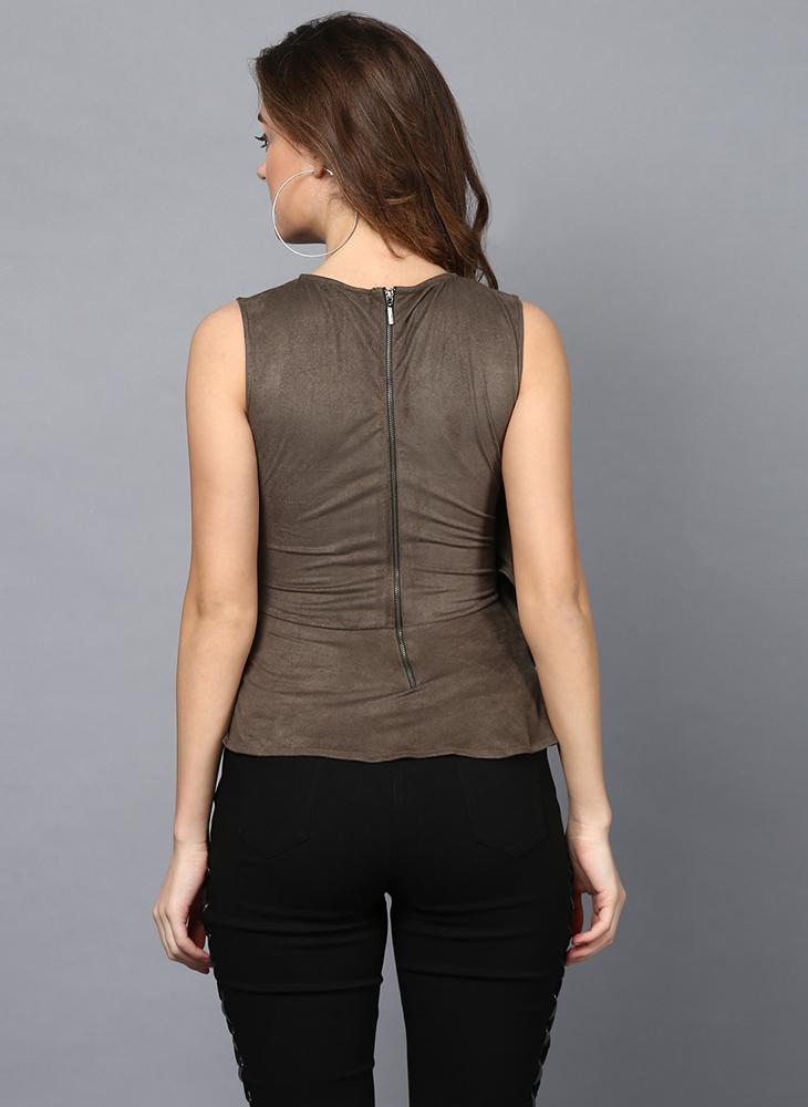 Olive Green Suede Frill Front Panel Top