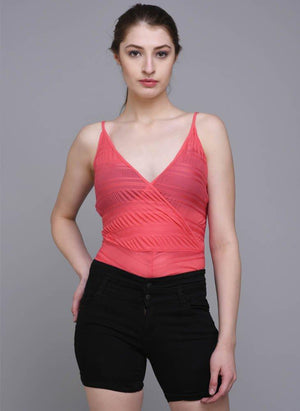 Pink V-Neck Strappy Bodysuit with Front Overlap