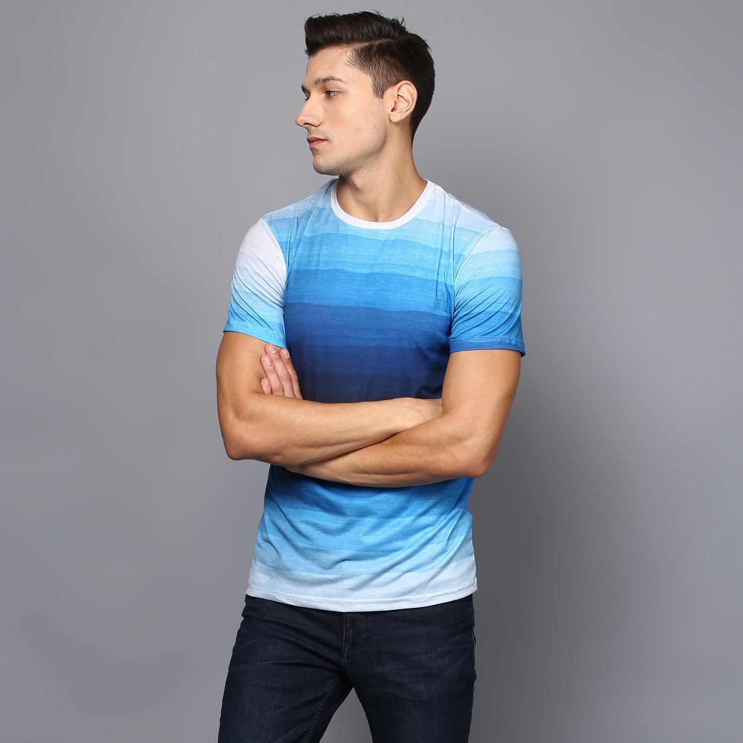 Blue Color Blocked Faded T-Shirt