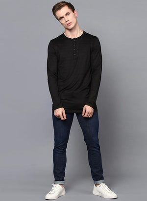 Black Full Sleeve Henley Collar T-Shirt