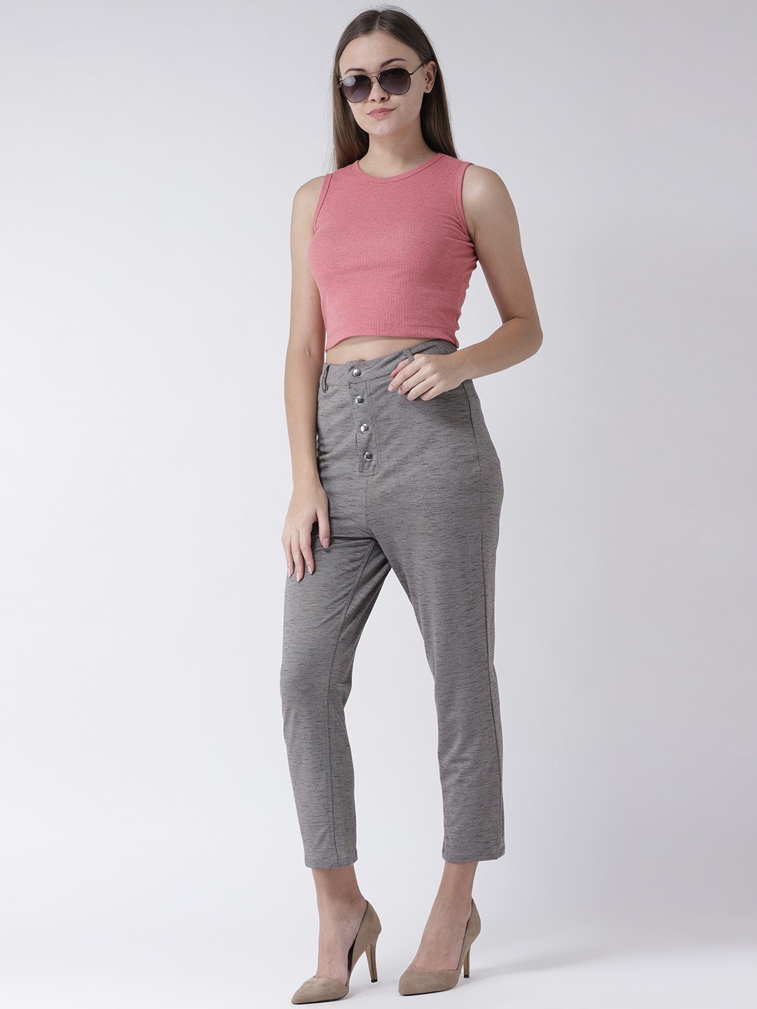 Dashed Grey High Waisted Trousers with Button detail