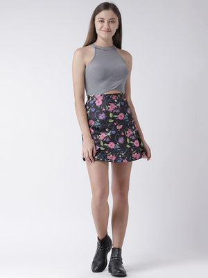 Flared Dark Floral Printed Mini Skirt