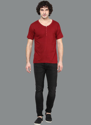 Maroon Basic V-Neck Henley Collar T-Shirt