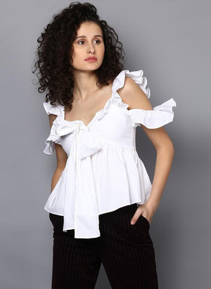 White Frill top with Front Knot