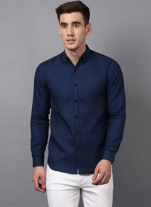 Navy Geometrical Textured Slim Fit Shirt