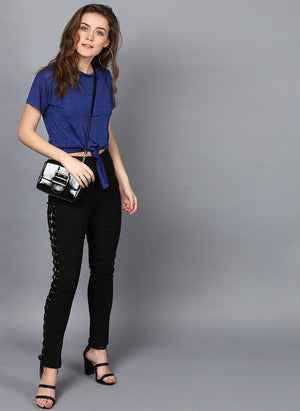 Dark Blue Box Fit Top with Front Knot
