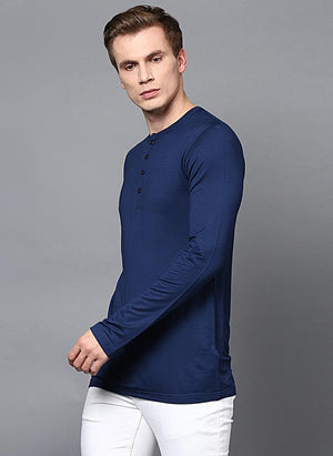 Dark Blue Full Sleeve Henley Collar T-Shirt