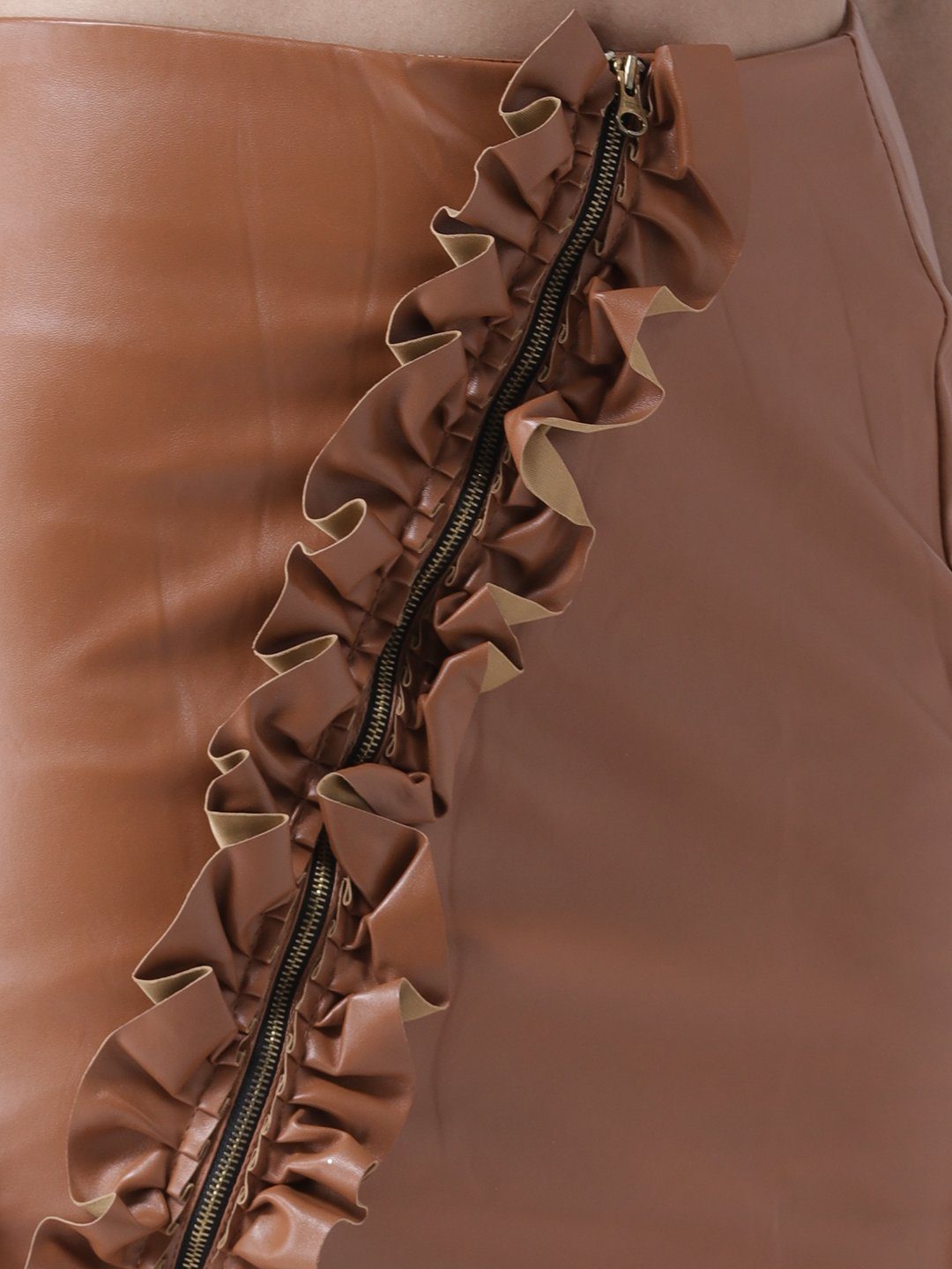 Frill Front Tan Faux Leather Skirt
